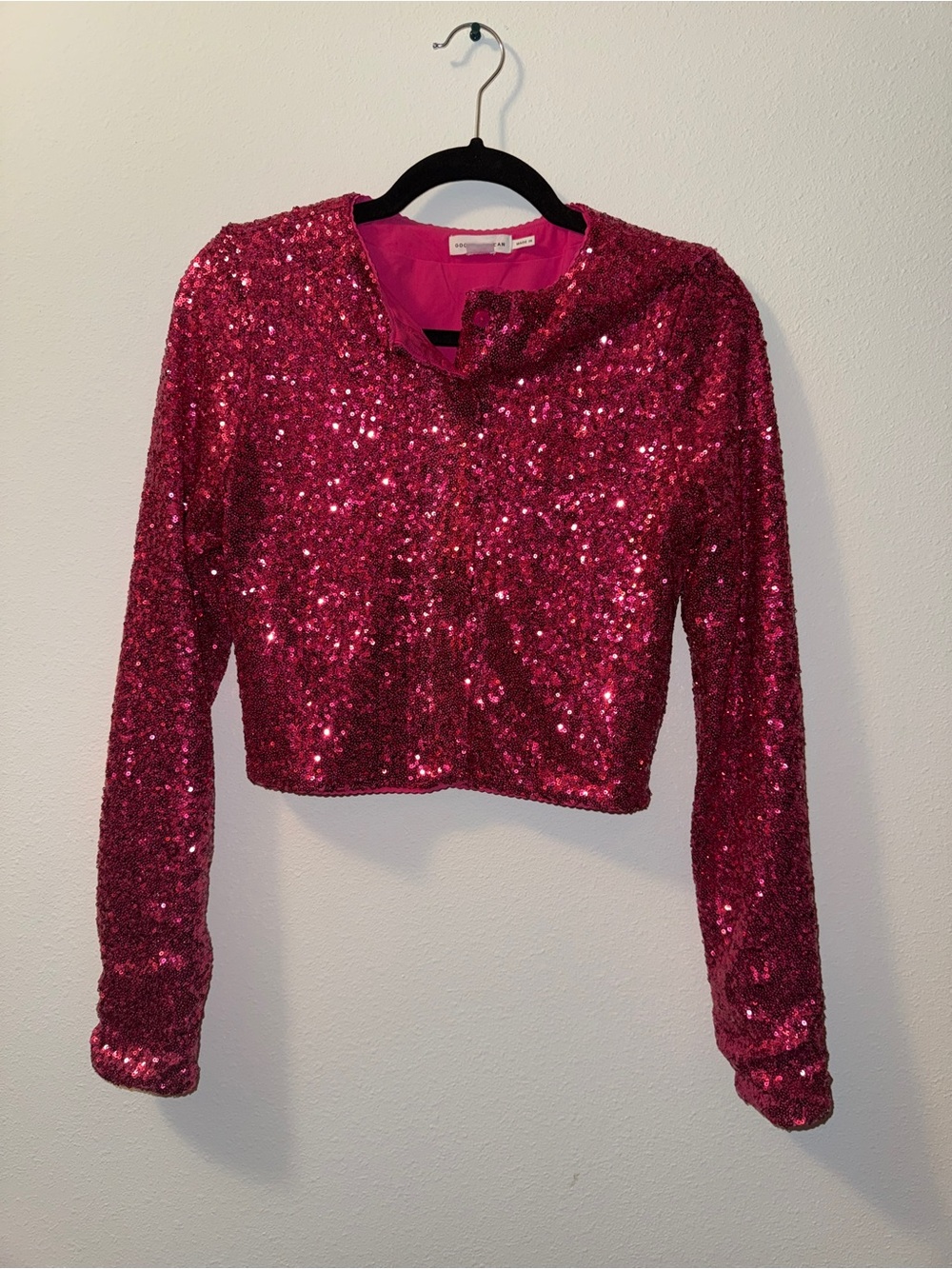 Good American Hot Pink Sequin Cropped Long Sleeve Top